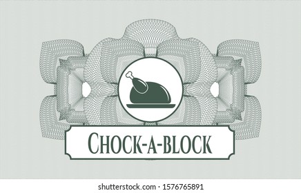 Green passport style rosette with chicken dish icon and Chock-a-block text inside