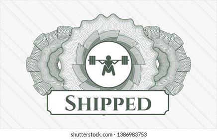 Green passport style rosette with deep squat icon and Shipped text inside