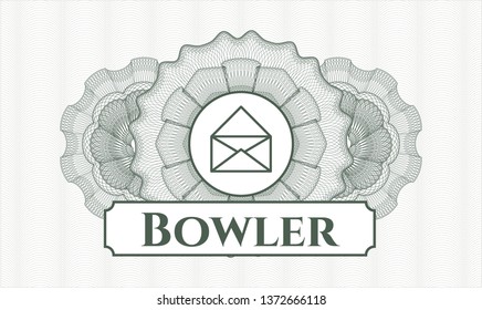 Green passport style rosette with envelope icon and Bowler text inside