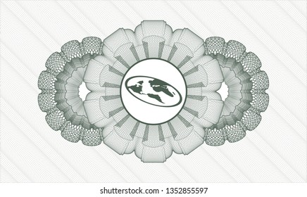 Green passport style rosette with flat earth icon inside