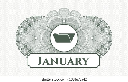 Green passport style rosette with folder icon and January text inside