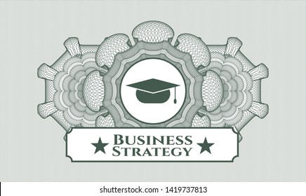 Green passport style rosette with graduation cap icon and Business Strategy text inside