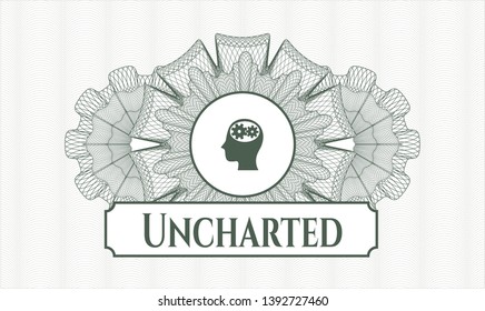 Green passport style rosette with head with gears inside icon and Uncharted text inside