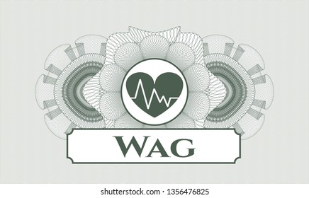Green passport style rosette with heart with electrocardiogram icon and Wag text inside