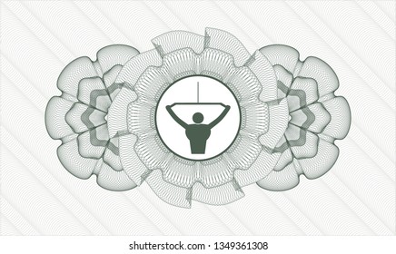 Green passport style rosette with lat pull down, exercise icon inside