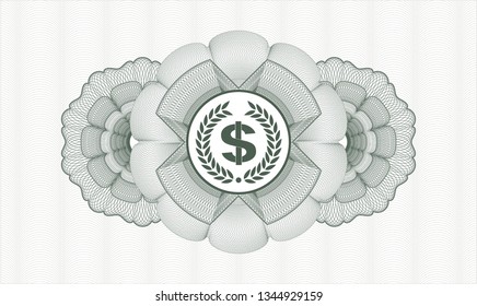 Green passport style rosette with laurel wreath with money symbol inside icon inside
