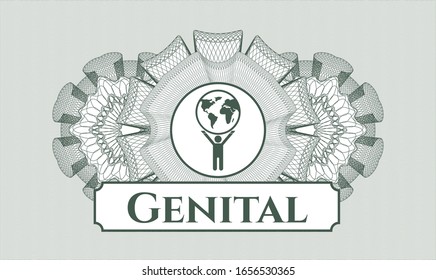 Green passport style rosette with man lifting world icon and Genital text inside