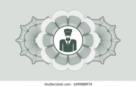 Green passport style rosette with man wearing face mask icon inside