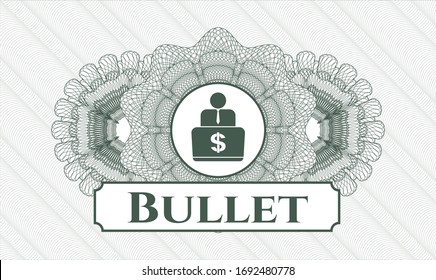 Green passport style rosette with man working on computer icon and Bullet text inside