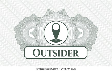 Green passport style rosette with map pointer icon and Outsider text inside