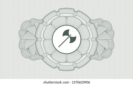 Green passport style rosette with medieval axe icon inside