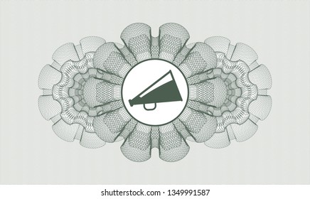 Green passport style rosette with megaphone icon inside