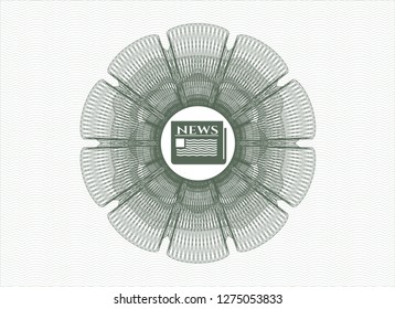 Green passport style rosette with newspaper icon inside