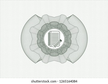 Green passport style rosette with notebook with pencil icon inside