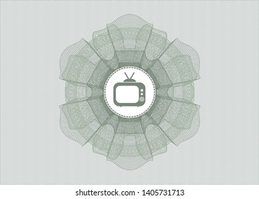 Green passport style rosette with old tv, television icon inside