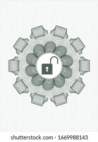 Green passport style rosette with open lock icon inside