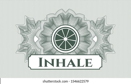 Green passport style rosette with orange icon and Inhale text inside