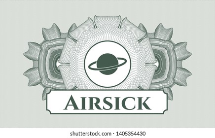 Green passport style rosette with planet, saturn icon and Airsick text inside