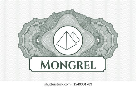 Green passport style rosette with pyramids icon and Mongrel text inside
