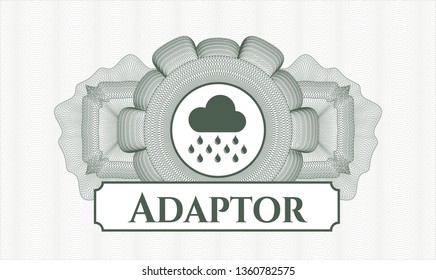Green passport style rosette with rain icon and Adaptor text inside