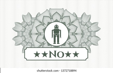 Green passport style rosette with robot icon and No text inside