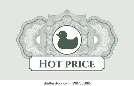 Green passport style rosette with rubber duck icon and Hot Price text inside