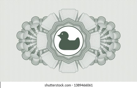 Green passport style rosette with rubber duck icon inside