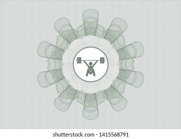 Green passport style rosette with snatch, weightlifting icon inside