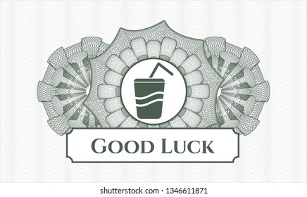 Green passport style rosette with soda icon and Good Luck text inside