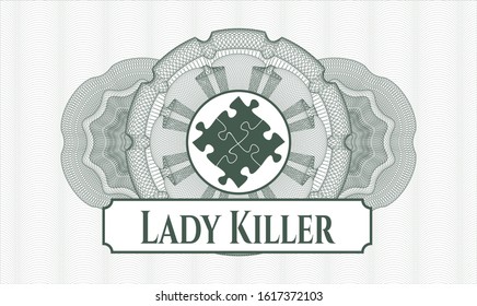 Green passport style rosette with solution icon and Lady Killer text inside