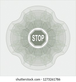 Green passport style rosette with stop icon inside