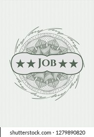 Green passport style rosette with text Job inside