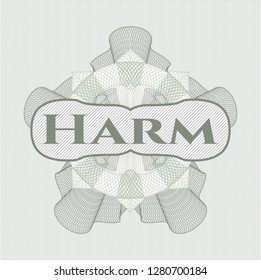 Green passport style rosette with text Harm  inside