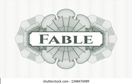 Green passport style rosette with text Fable inside