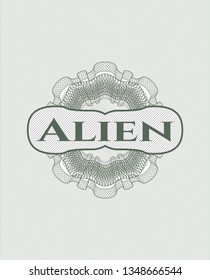 Green passport style rosette with text Alien inside