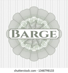 Green passport style rosette with text Barge inside