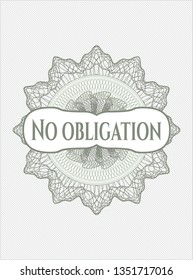 Green passport style rosette with text No obligation inside