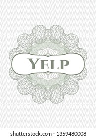 Green passport style rosette with text Yelp inside