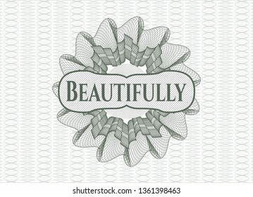 Green passport style rosette with text Beautifully inside