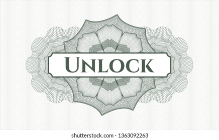 Green passport style rosette with text Unlock inside