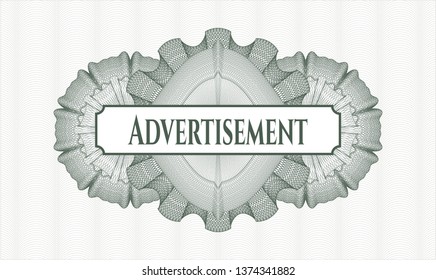 Green passport style rosette with text Advertisement inside