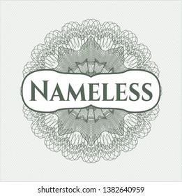 Green passport style rosette with text Nameless inside