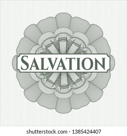 Green passport style rosette with text Salvation inside