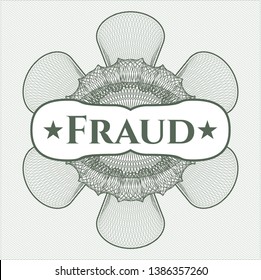 Green passport style rosette with text Fraud inside