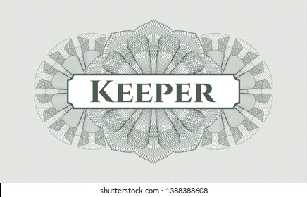 Green passport style rosette with text Keeper inside