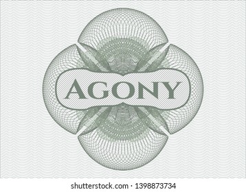 Green passport style rosette with text Agony inside