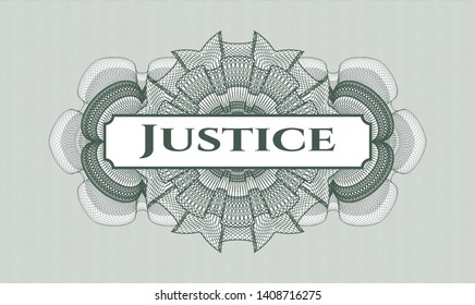 Green passport style rosette with text Justice inside
