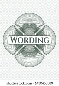 Green passport style rosette with text Wording inside
