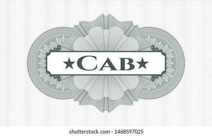Green passport style rosette with text Cab inside