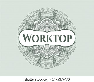 Green passport style rosette with text Worktop inside